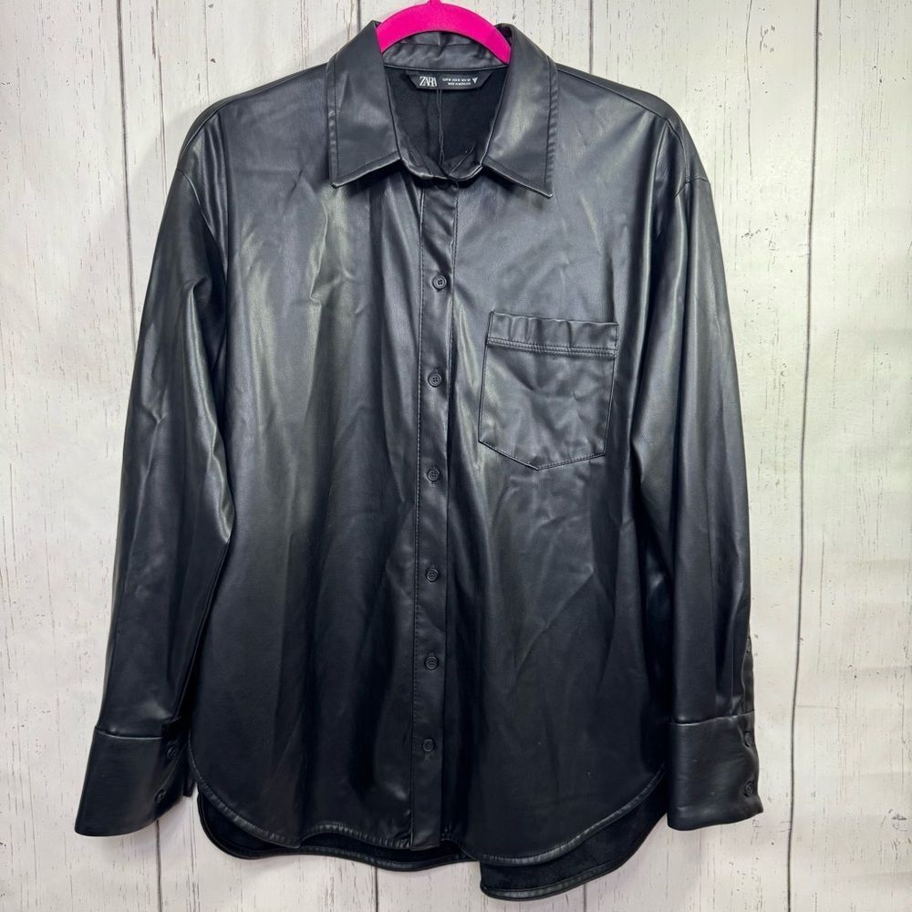 Zara Faux Leather Button Down Shirt Black Long Sleeve Oversized Minimalist Edgy